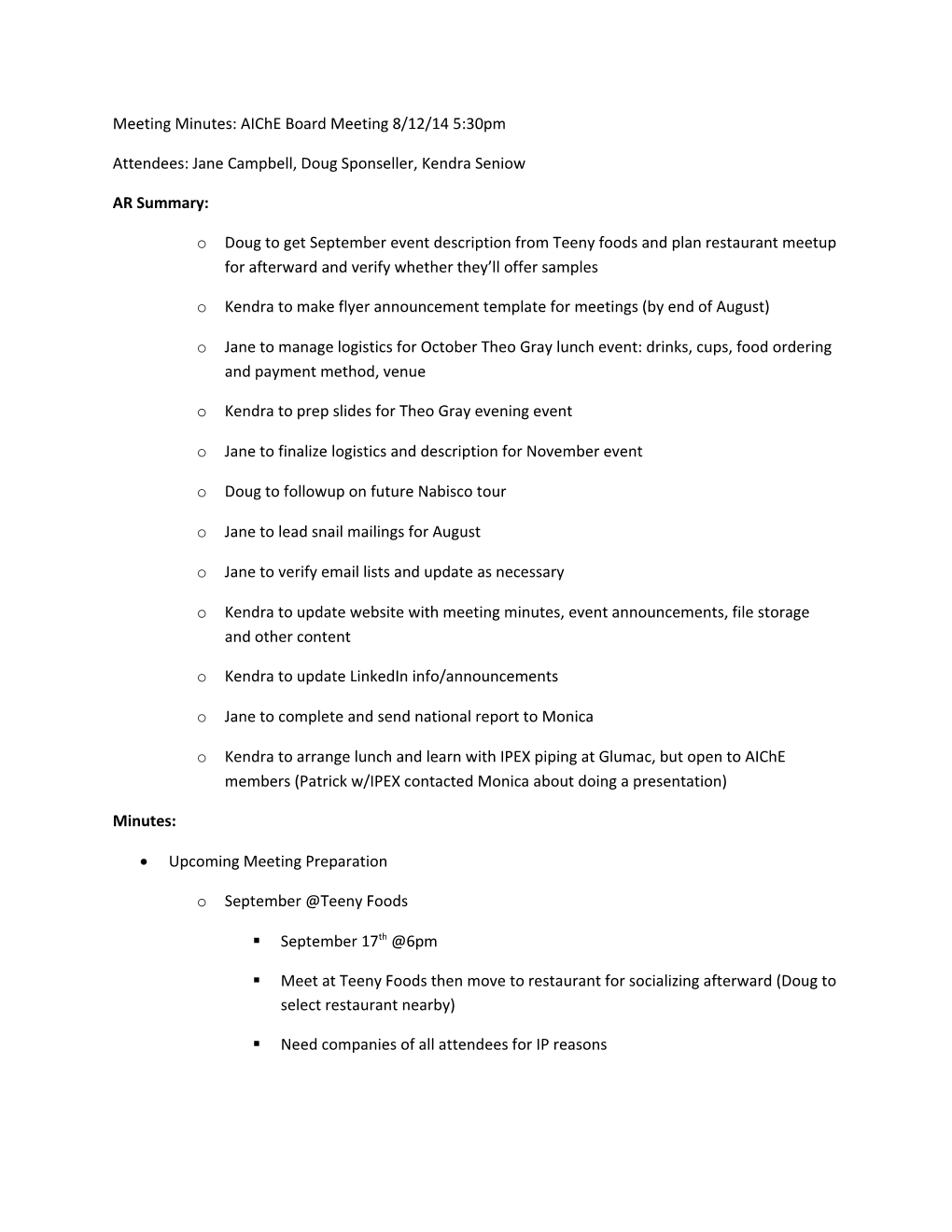 Meeting Minutes: Aiche Board Meeting 8/12/14 5:30Pm