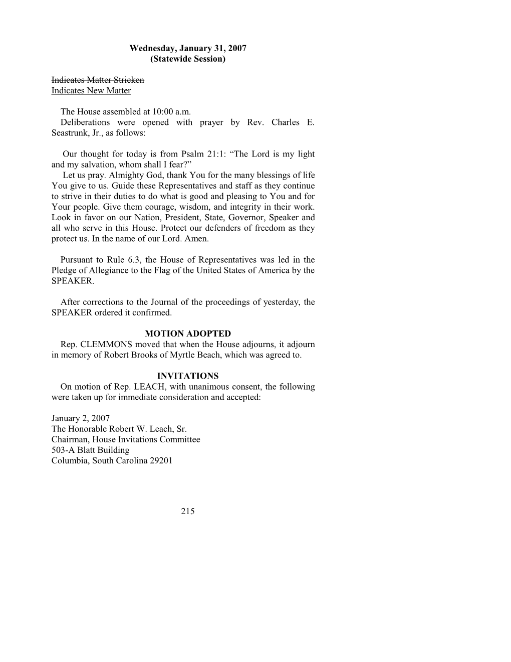 House Journal for Jan. 31, 2007 - South Carolina Legislature Online