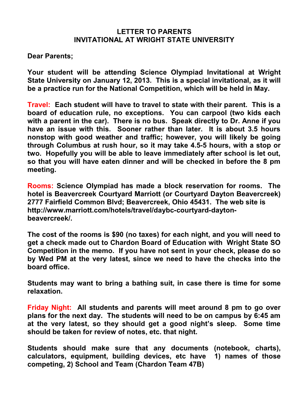 Letter to Parents Ohio State Finals