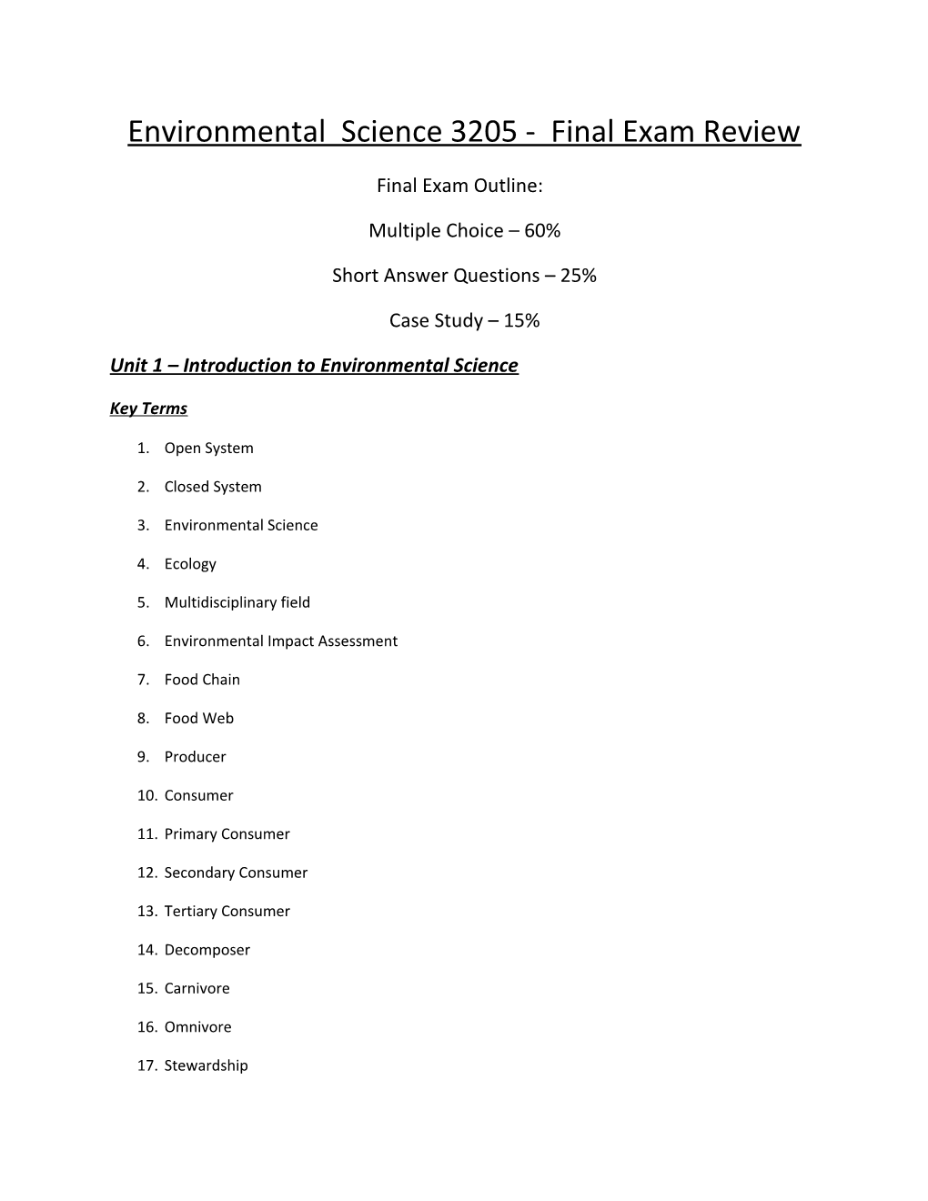 Environmental Science 3205- Final Exam Review