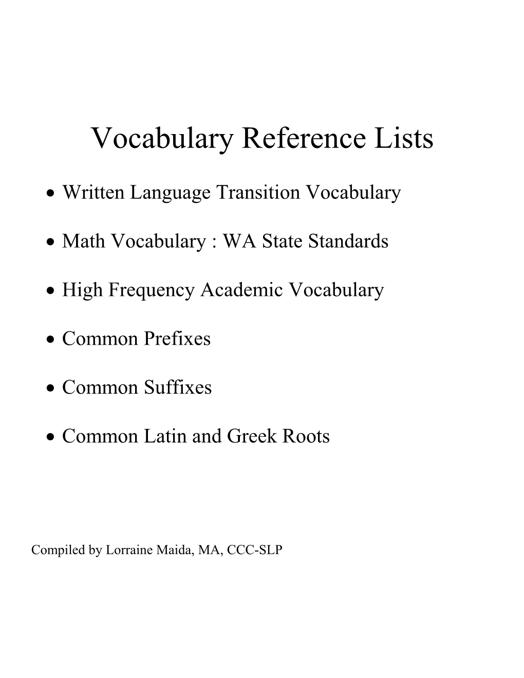Vocabulary Reference Lists