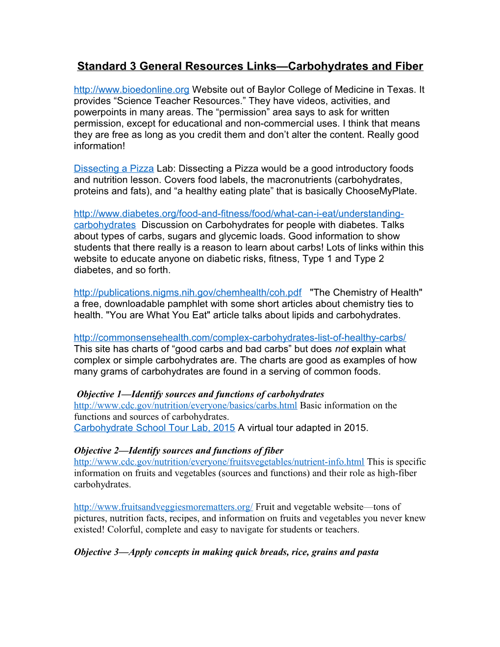 Standard 3 General Resources Links Carbohydrates and Fiber