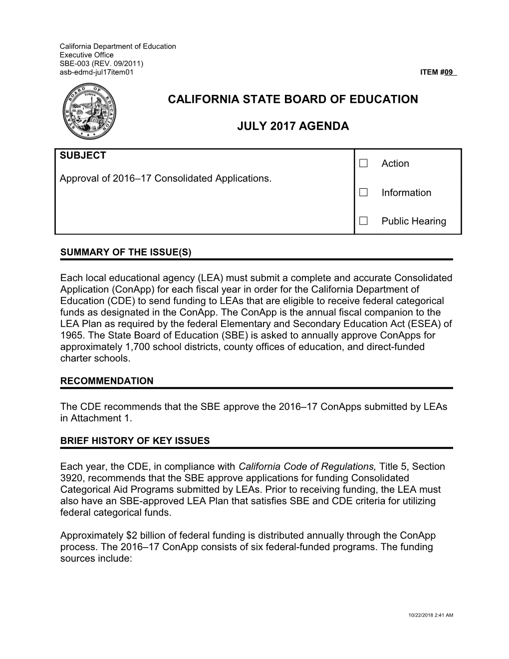 July 2017 Agenda Item 09 - Meeting Agendas (CA State Board of Education)