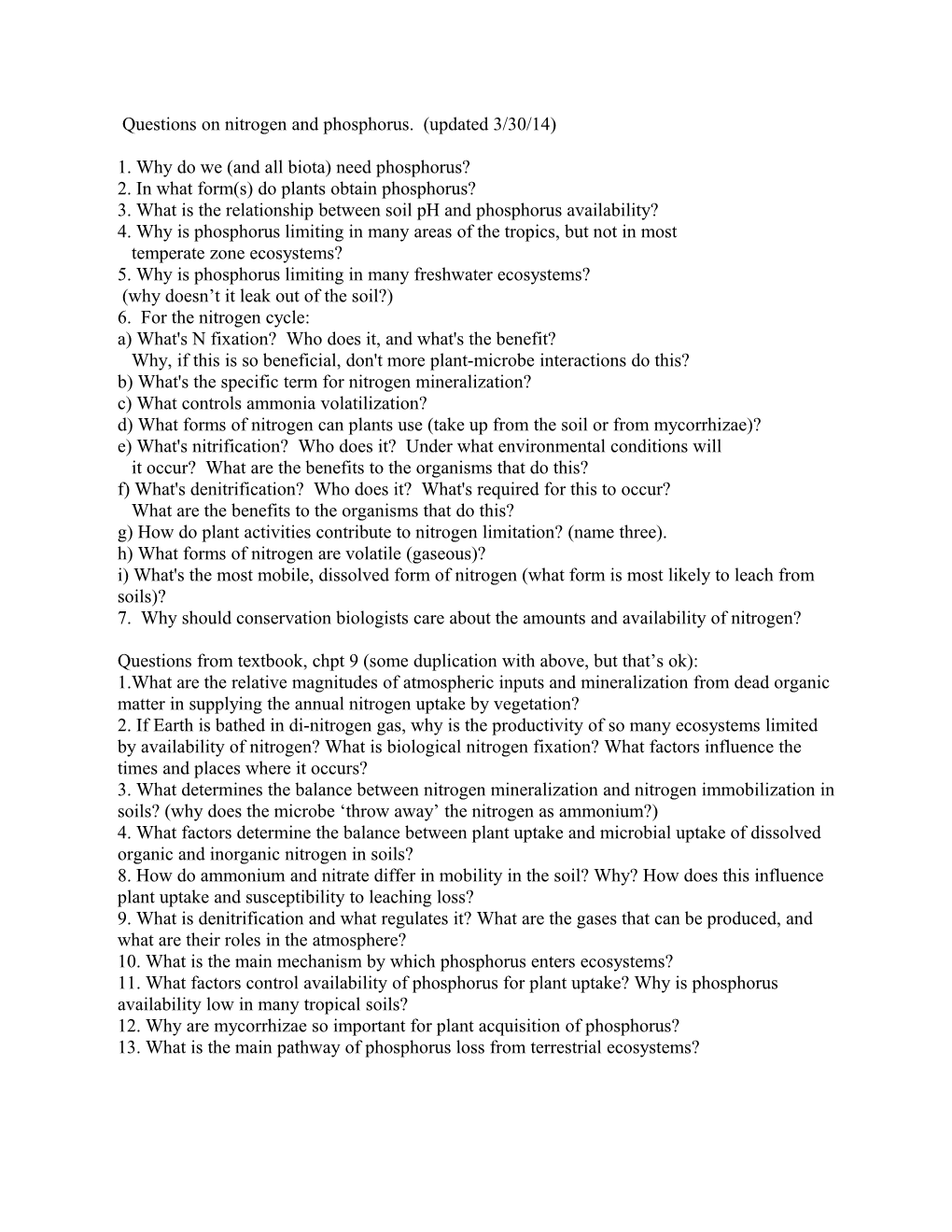 Questions on Nitrogen and Phosphorus. (Updated 3/30/14)