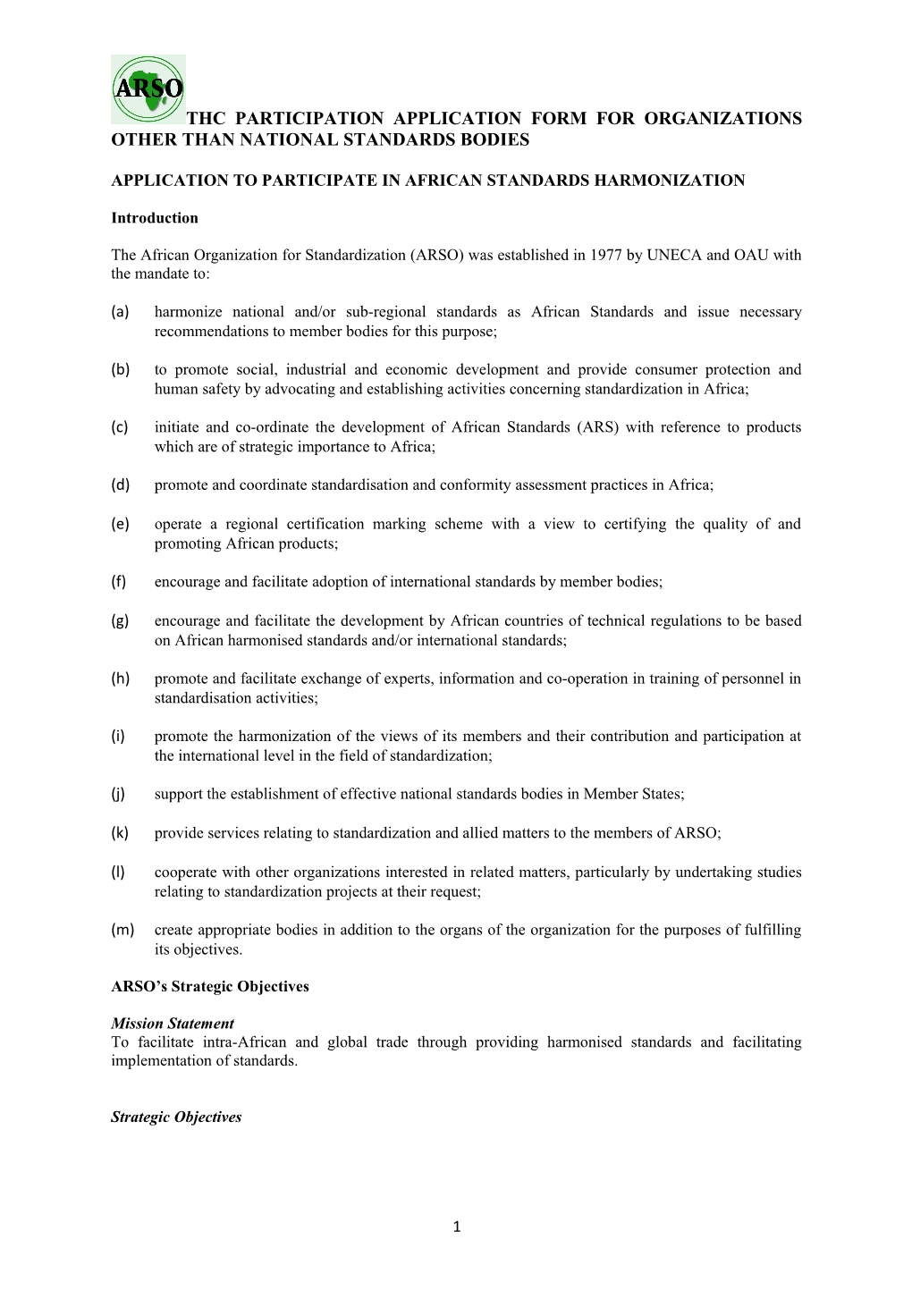 Application to Participate in African Standards Harmonization