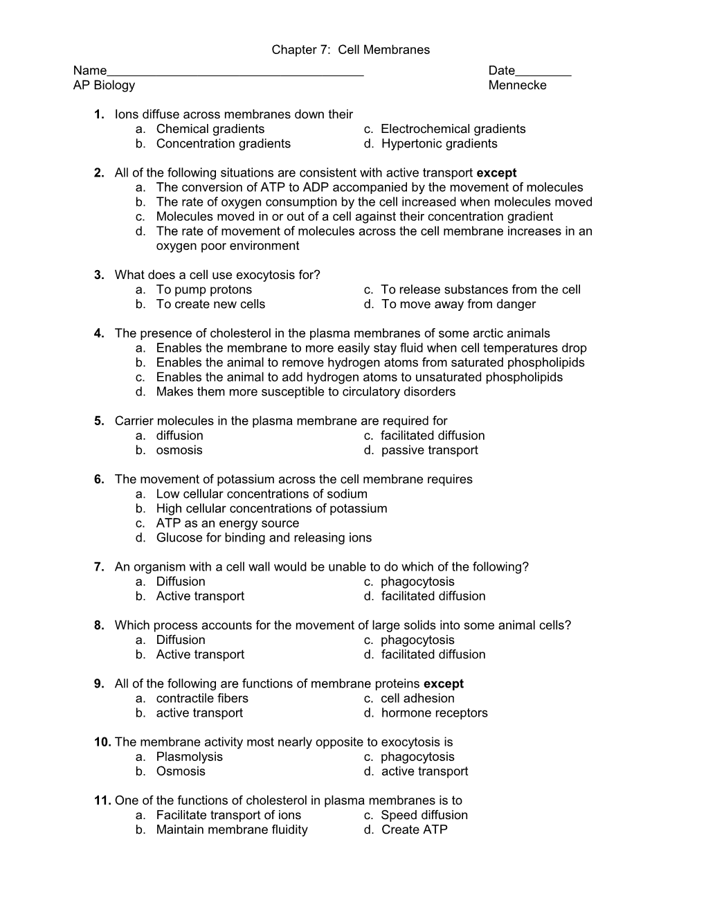 Chapter 7: Cell Membranes