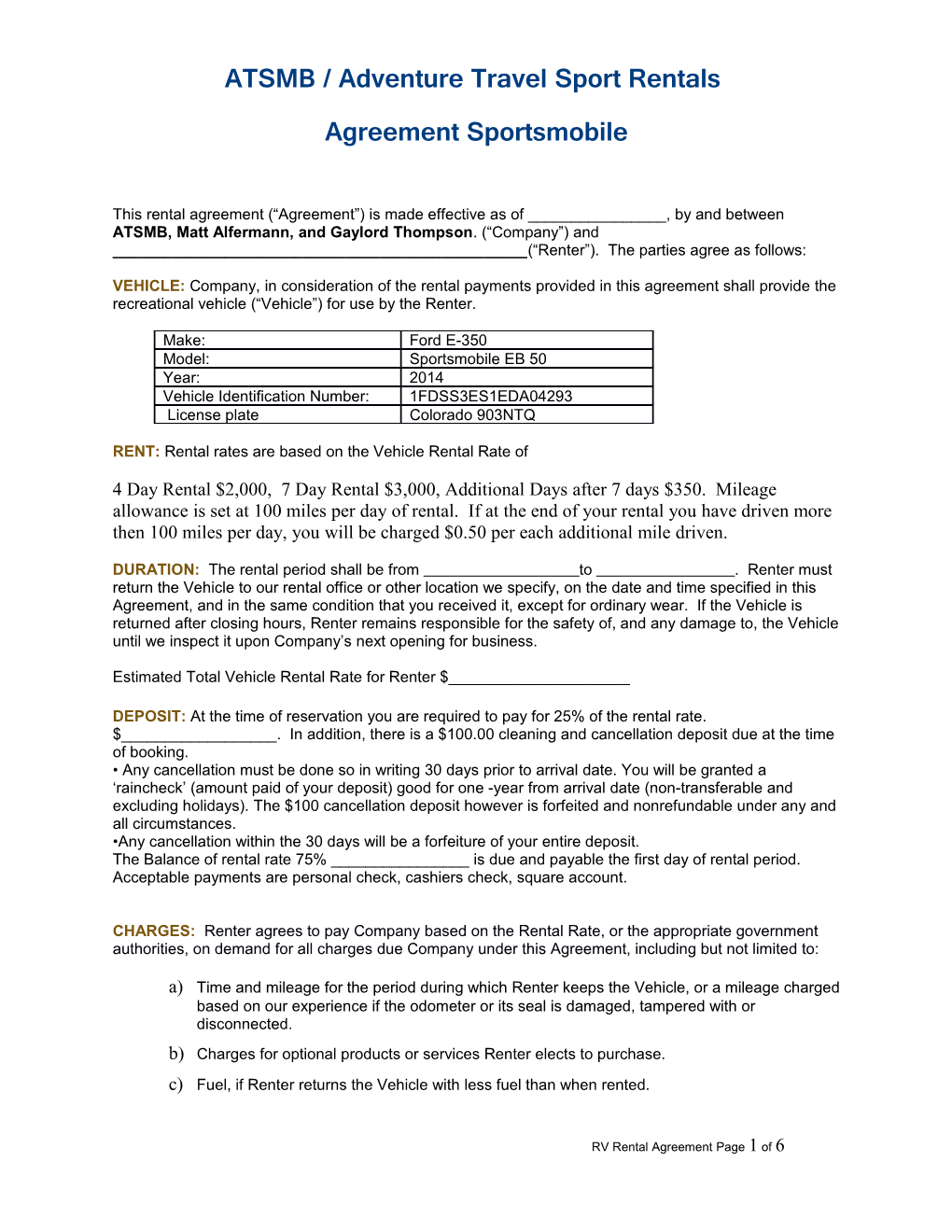 Motorhome Rental Agreement