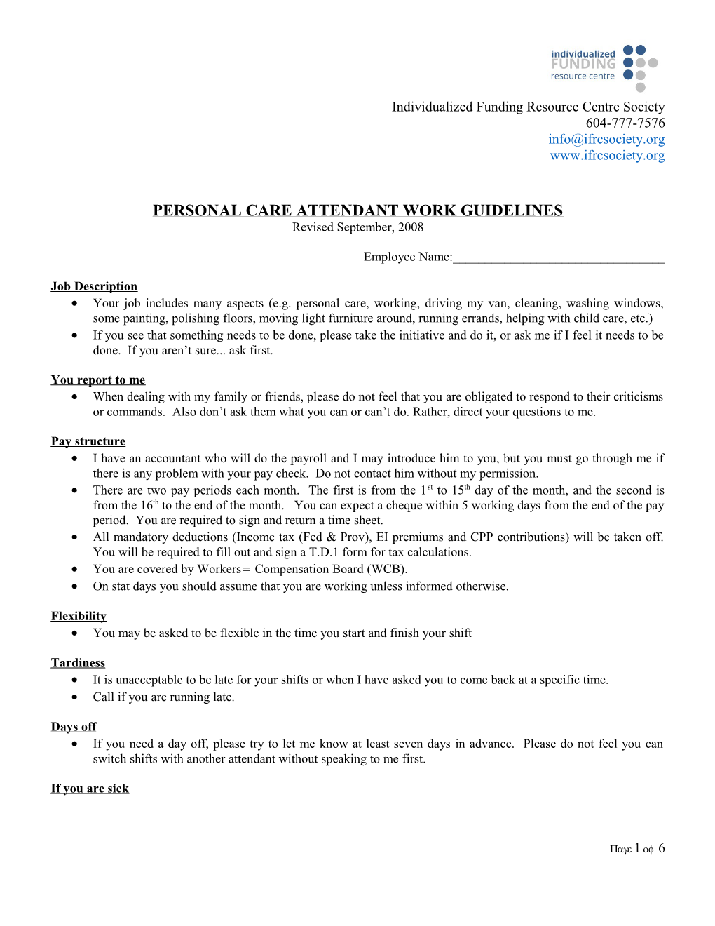 Personal Care Attendant Work Guidelines