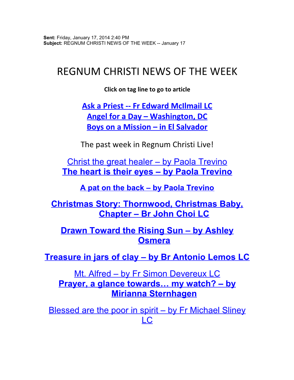 Subject: REGNUM CHRISTI NEWS of the WEEK January 17
