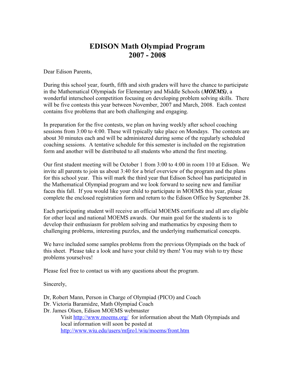 EDISON Math Olympiad Program