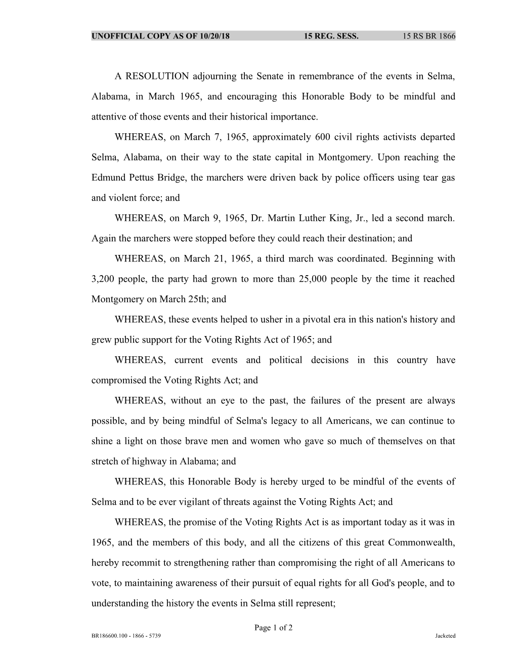 A RESOLUTION Adjourning the Senate in Remembrance of the Events in Selma, Alabama, in March