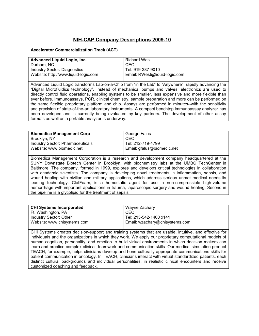 NIH-CAP Company Descriptions 2009-10