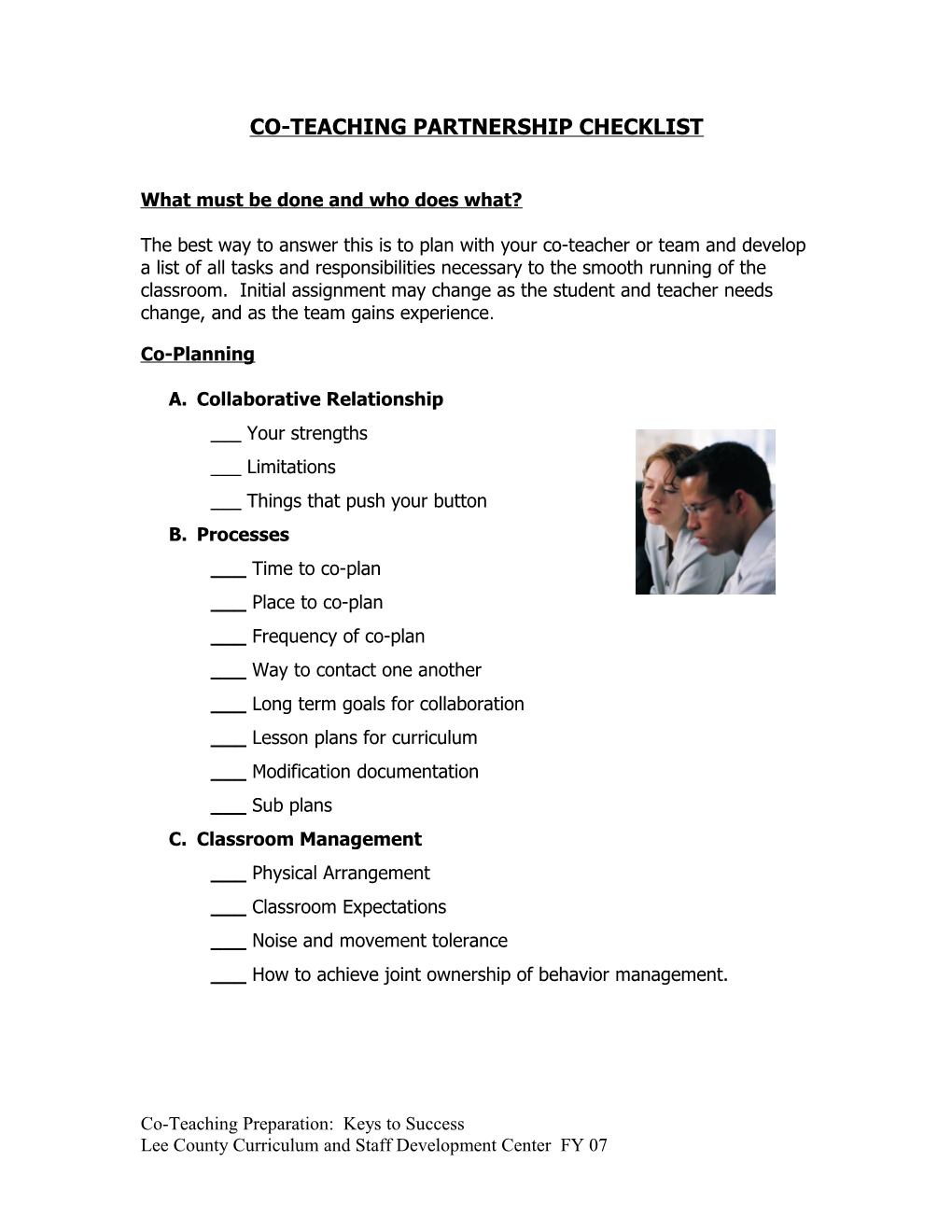 Co-Teaching Paratnership Checklist