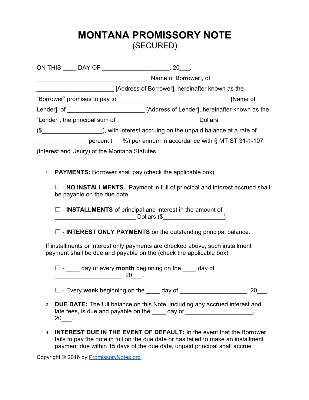 Montana Secured Promissory Note