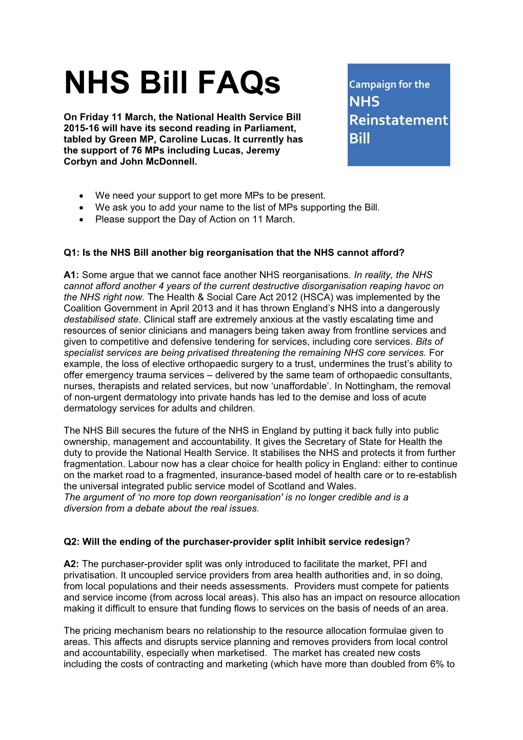 Q1: Is the NHS Bill Another Big Reorganisation That the NHS Cannot Afford?