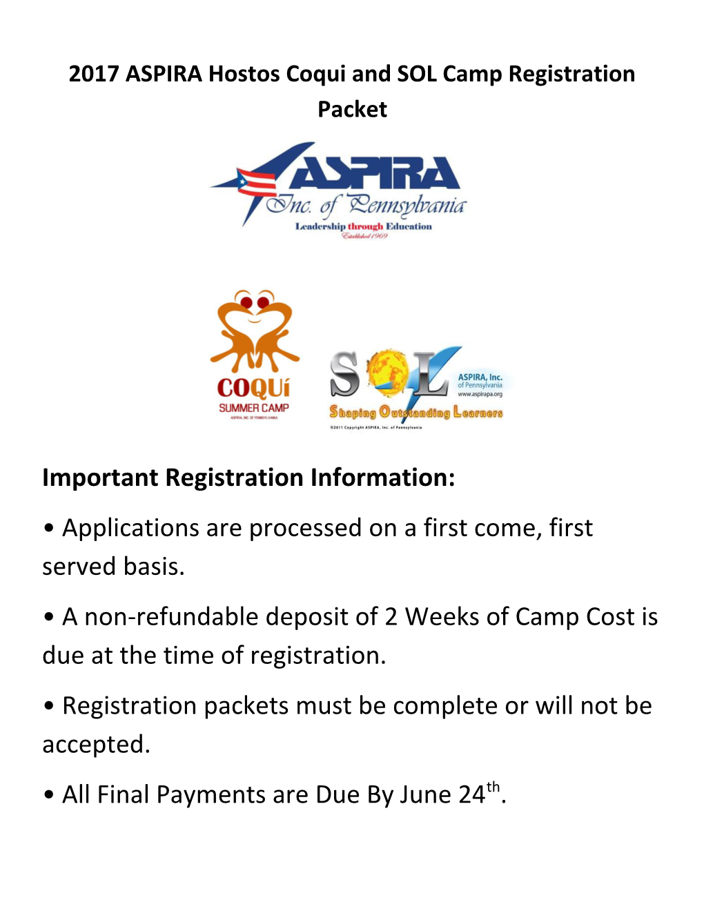 2017 ASPIRA Hostos Coqui and SOL Camp Registration Packet