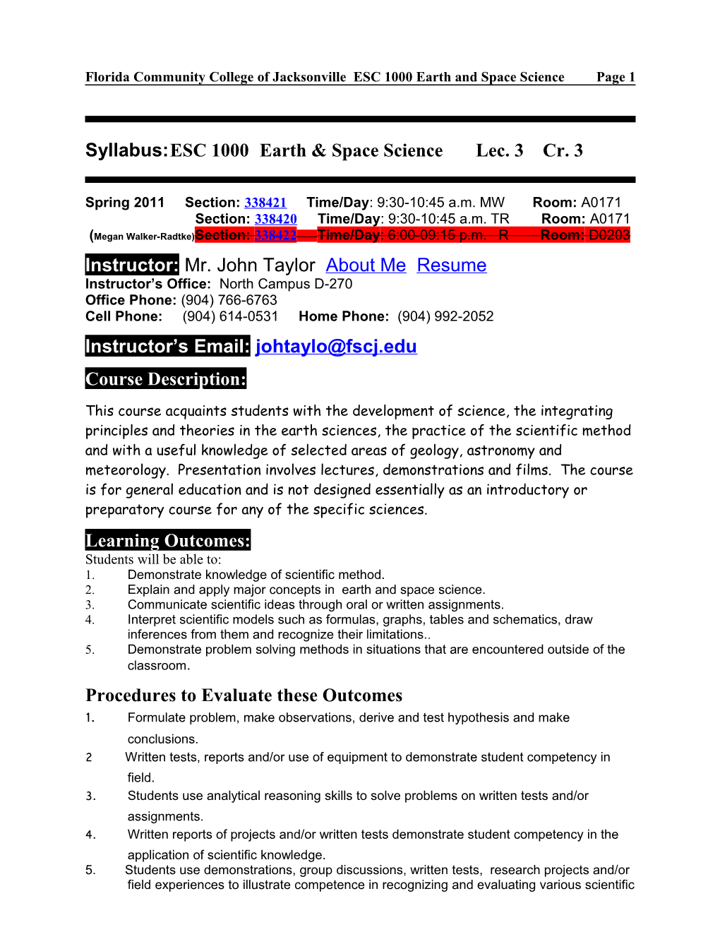 ESC 1000 Syllabus: Spring Term 2011