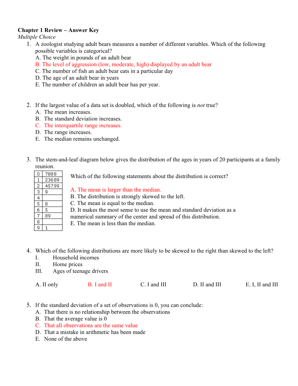 Chapter 1 Review Answer Key