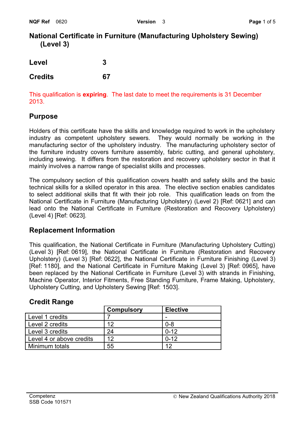 0620 National Certificate in Furniture (Manufacturing Upholstery Sewing) (Level 3)