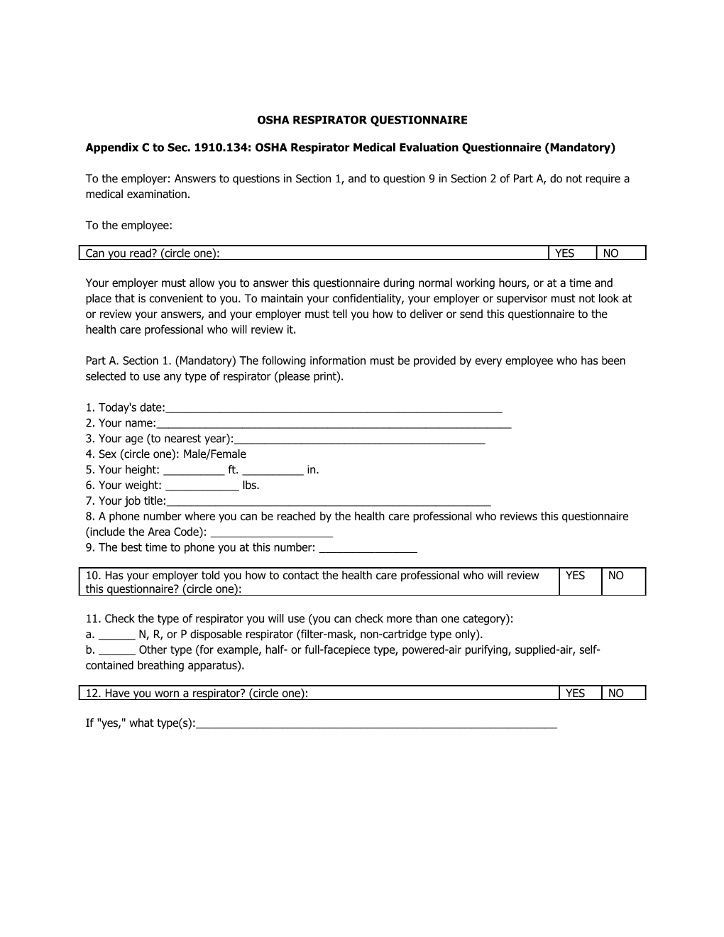 Osha Respirator Questionnaire