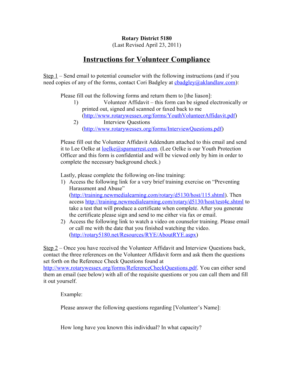 Instructions for Volunteer Compliance