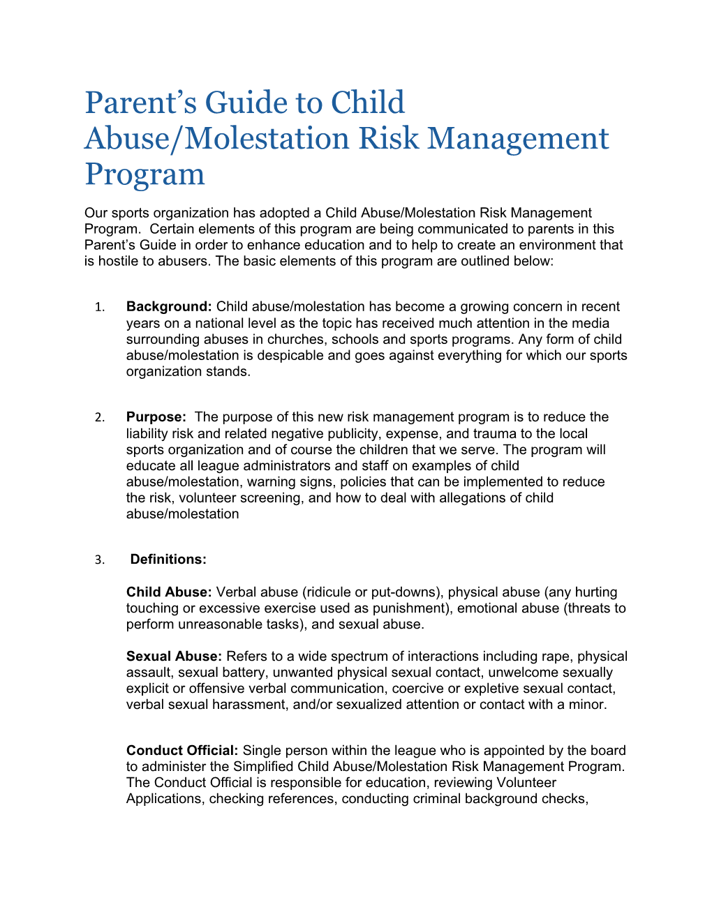 Parent S Guide to Child Abuse/Molestation Risk Management Program