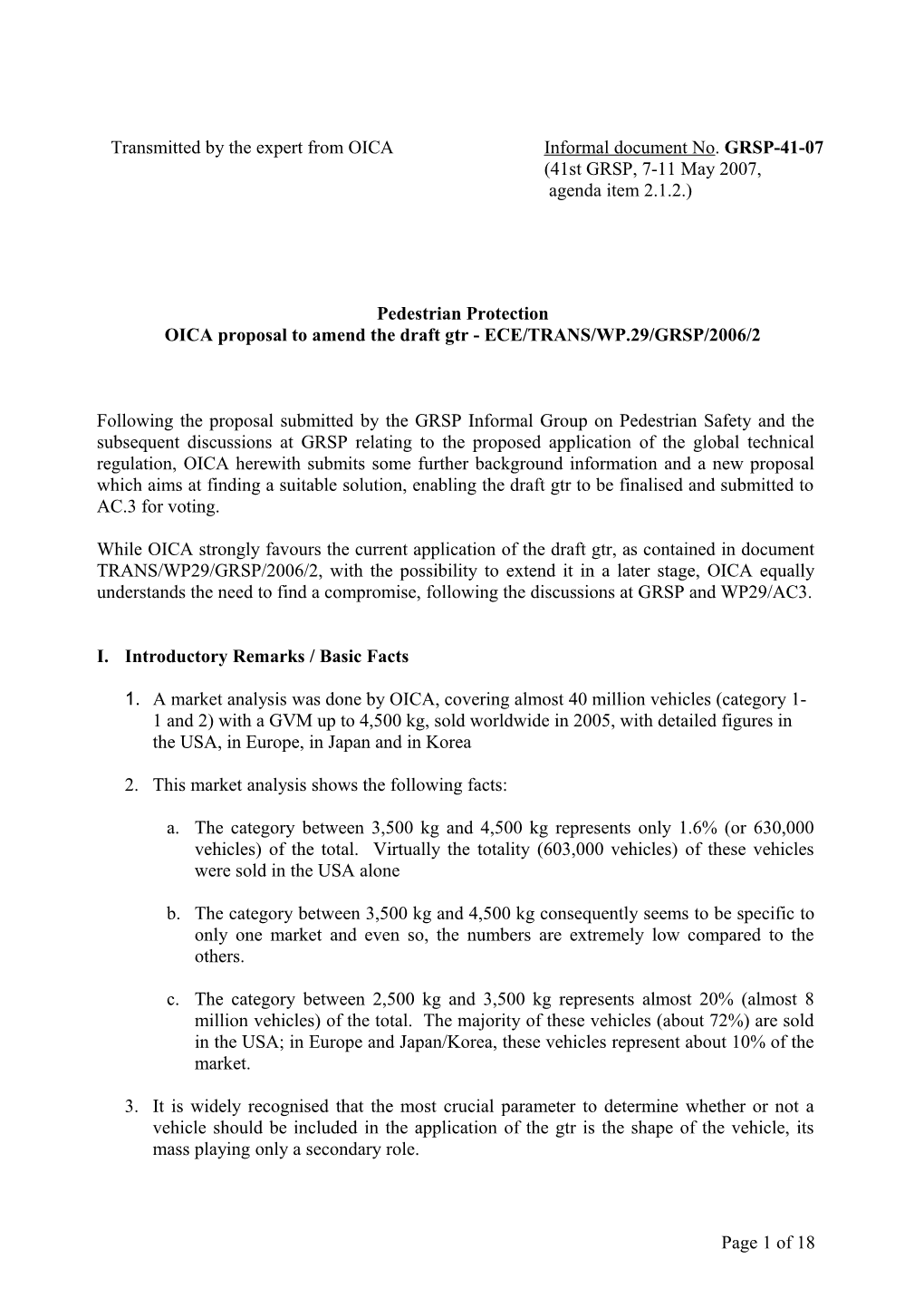 OICA Proposal to Amend the Draft Gtr - ECE/TRANS/WP.29/GRSP/2006/2