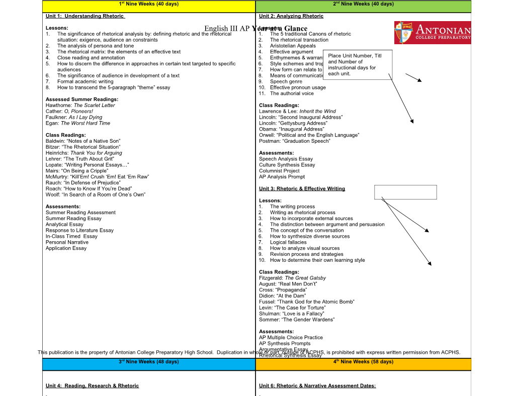 English III AP Year at a Glance