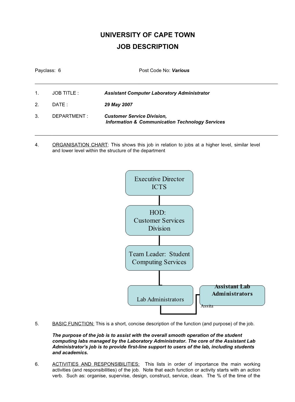 SCS Lab Admininstrator Job Description