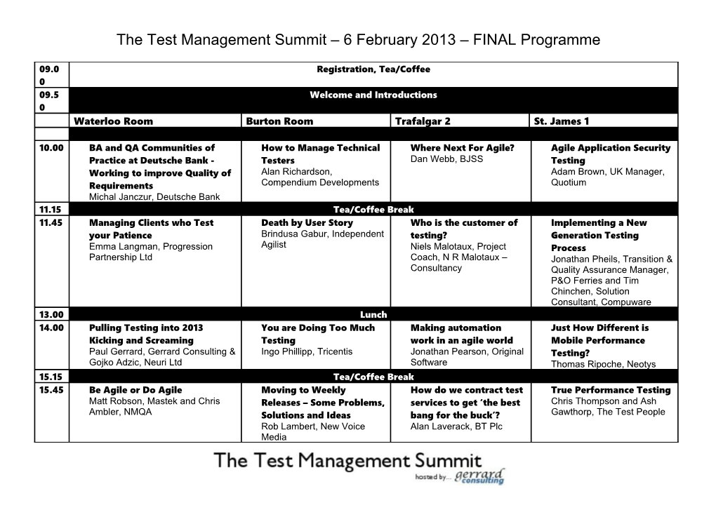 The Test Management Summit 6 February 2013 FINAL Programme