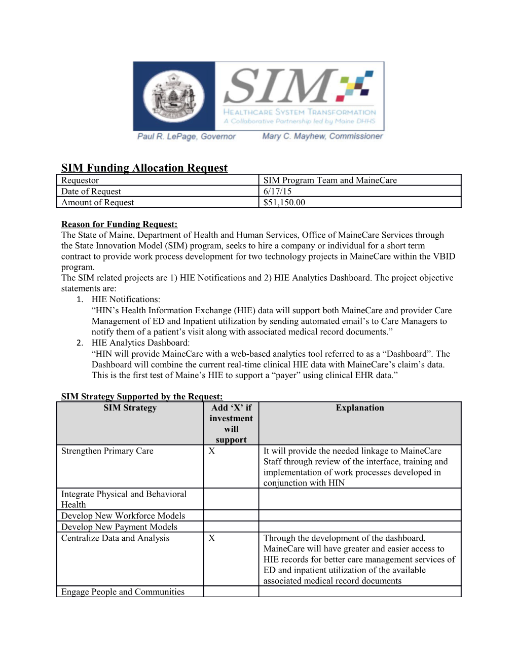SIM Funding Allocation Request