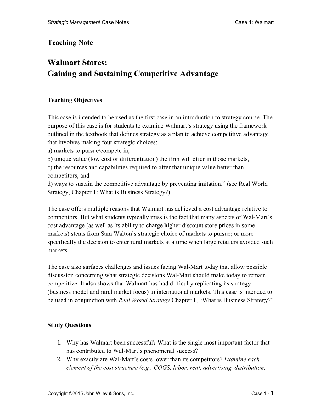 Strategic Management Case Notescase 1: Walmart