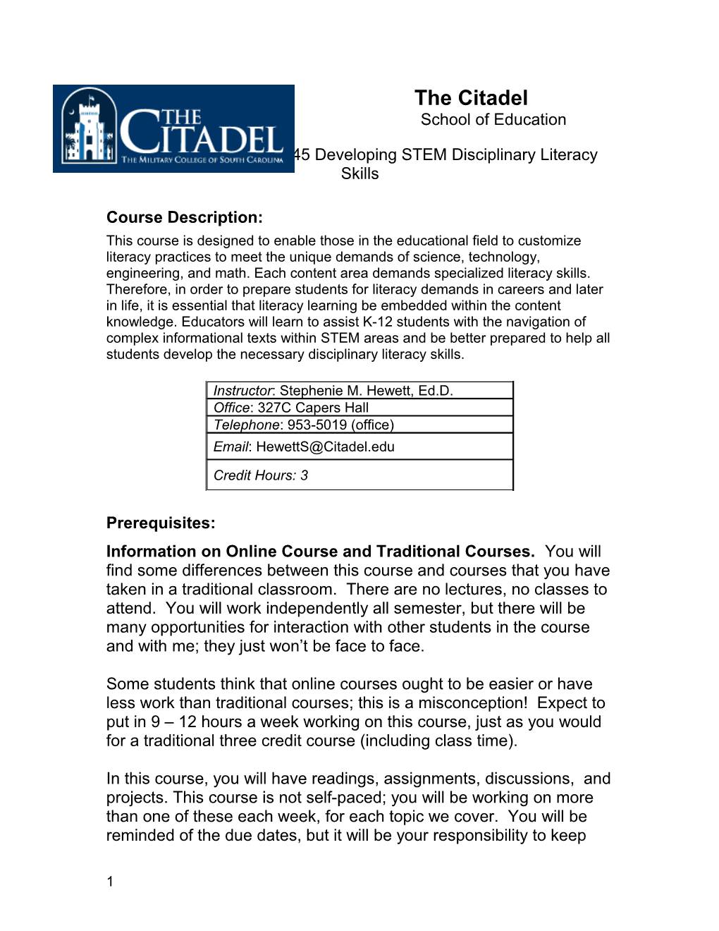 Course Title: EDUC 545Developing STEM Disciplinary Literacy Skills