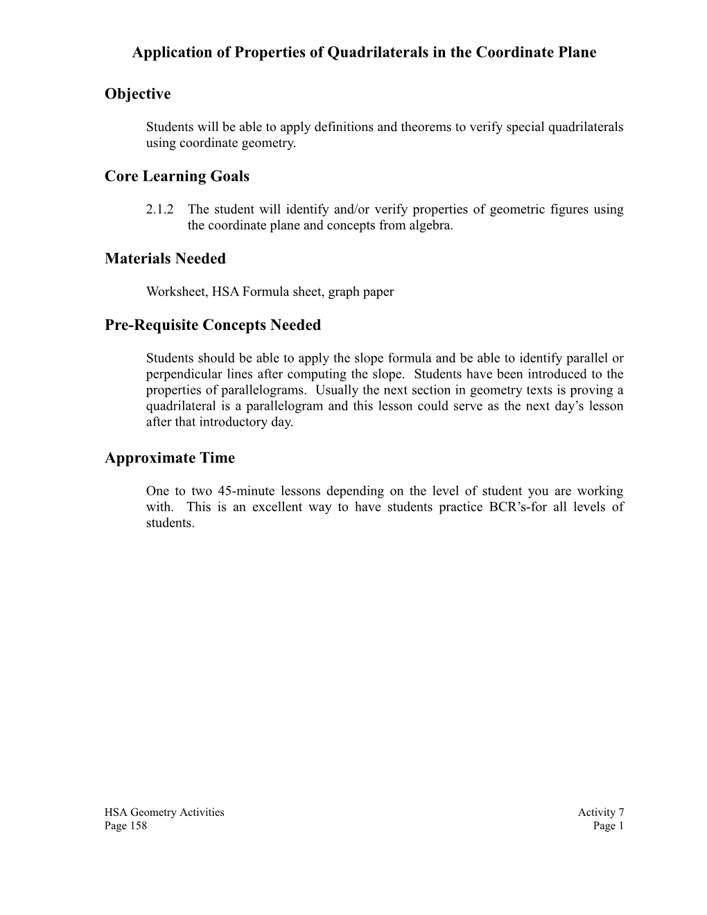 Application of Properties of Quadrilaterals in the Coordinate Plane