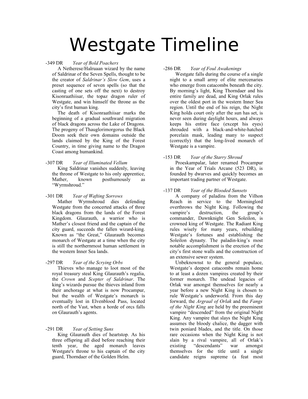 Westgate Timeline