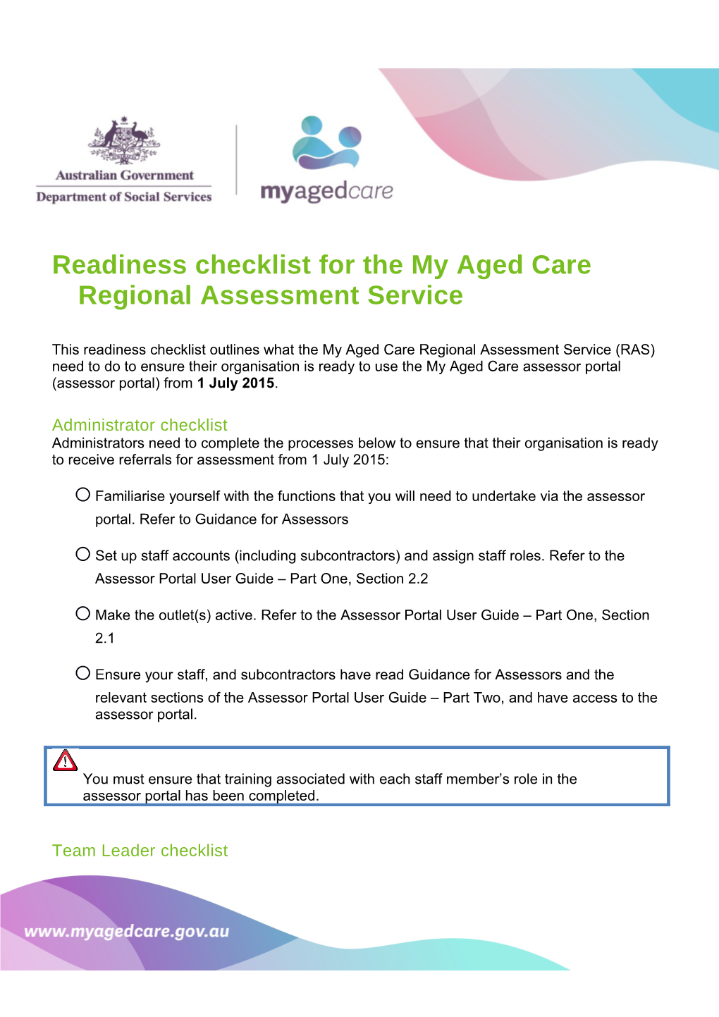 Readiness Checklist for the My Aged Care Regional Assessment Service