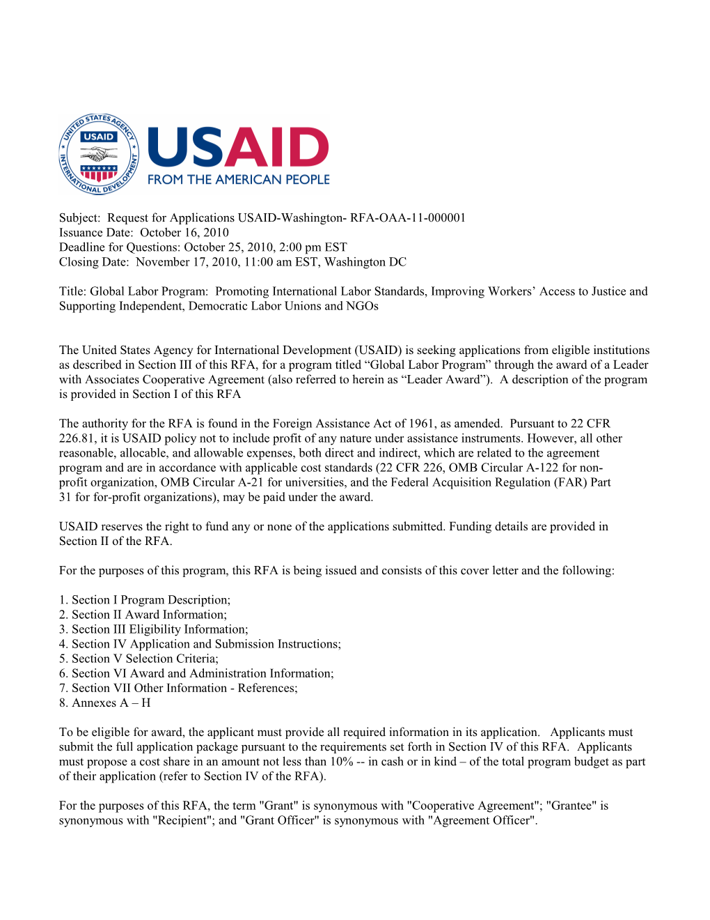 Subject: Request for Applications USAID-Washington- RFA-OAA-11-000001