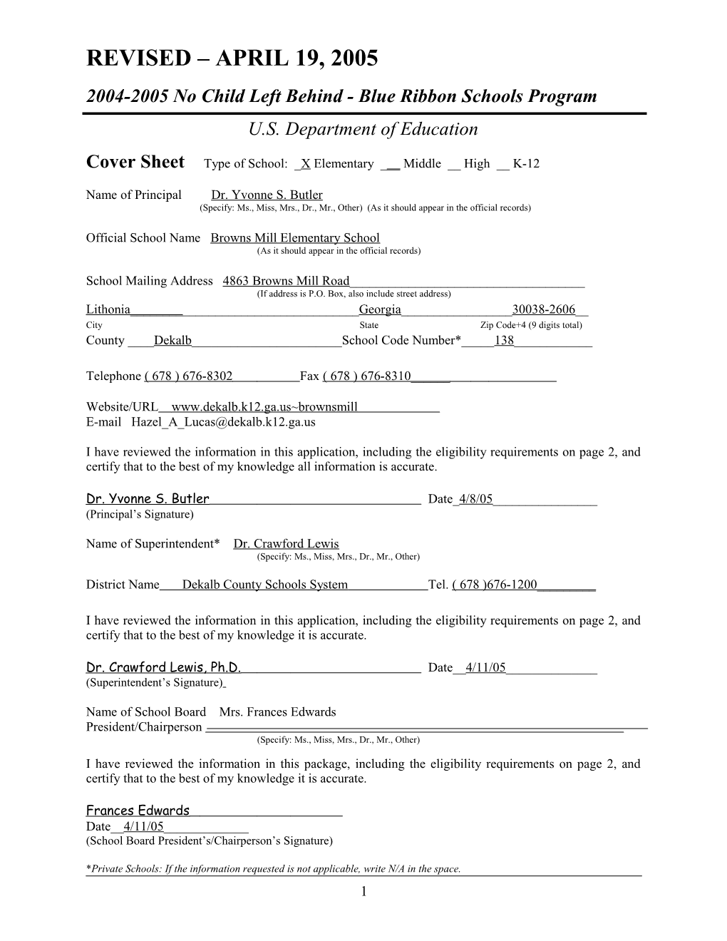 Browns Mill Elementary School Application: 2004-2005, No Child Left Behind - Blue Ribbon