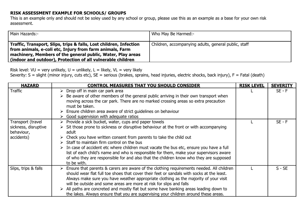 Risk Assessment Example for Schools/ Groups