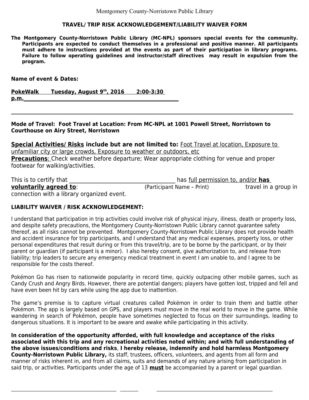 Travel/ Trip Risk Acknowledgement/Liability Waiver Form