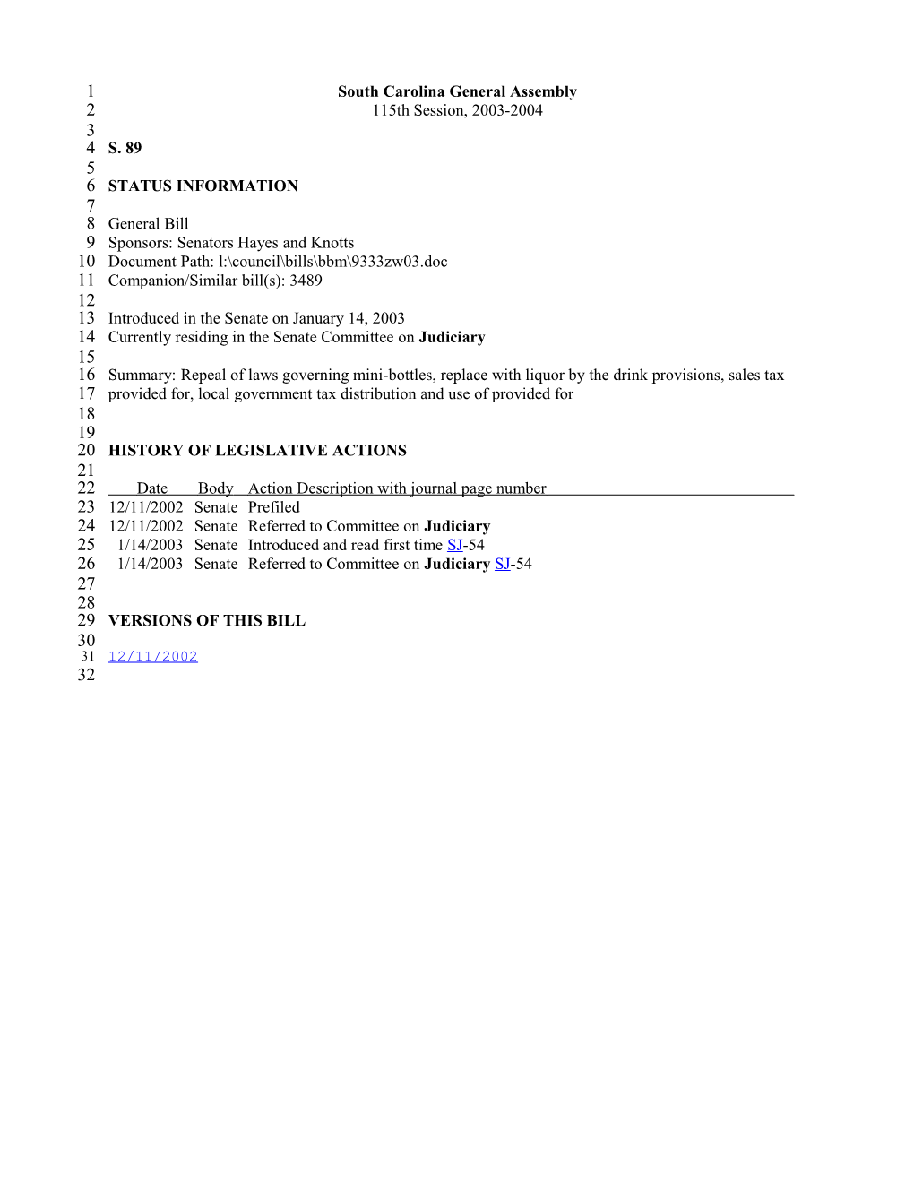 2003-2004 Bill 89: Repeal of Laws Governing Mini-Bottles, Replace with Liquor by the Drink