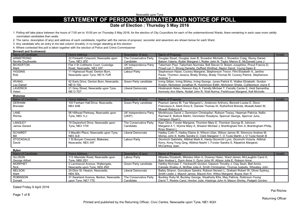 Statement of Persons Nominated and Notice of Poll