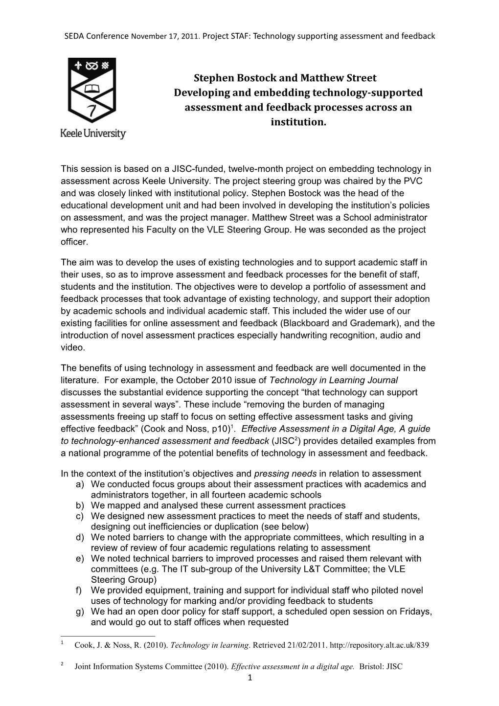 Bostock and Street, Developing and Embedding Technology-Supported Assessment and Feedback