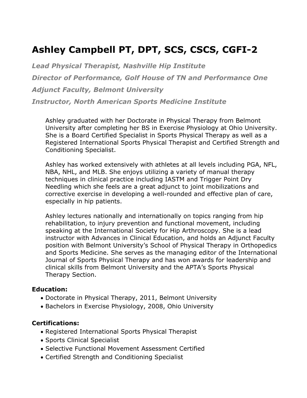 Ashley Campbell PT, DPT, SCS, CSCS, CGFI-2