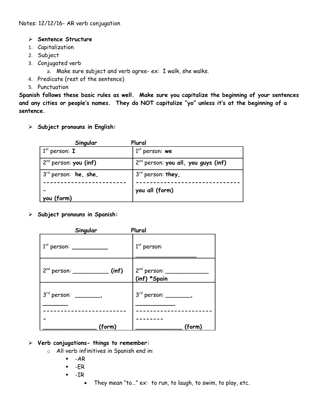 Notes: 12/12/16- AR Verb Conjugation