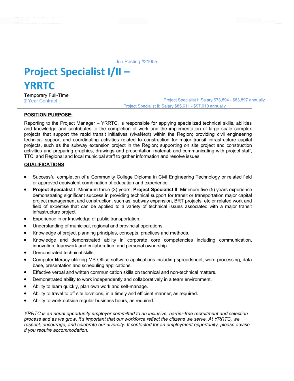 Project Specialist I/II YRRTC
