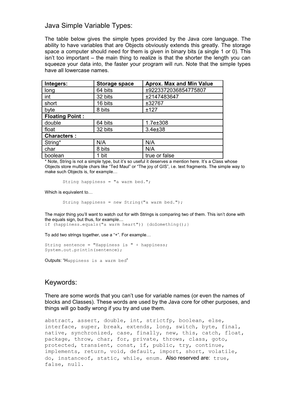 Java Simple Variable Types