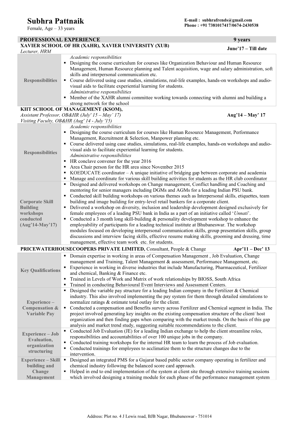 IIM Kozhikode CV Format