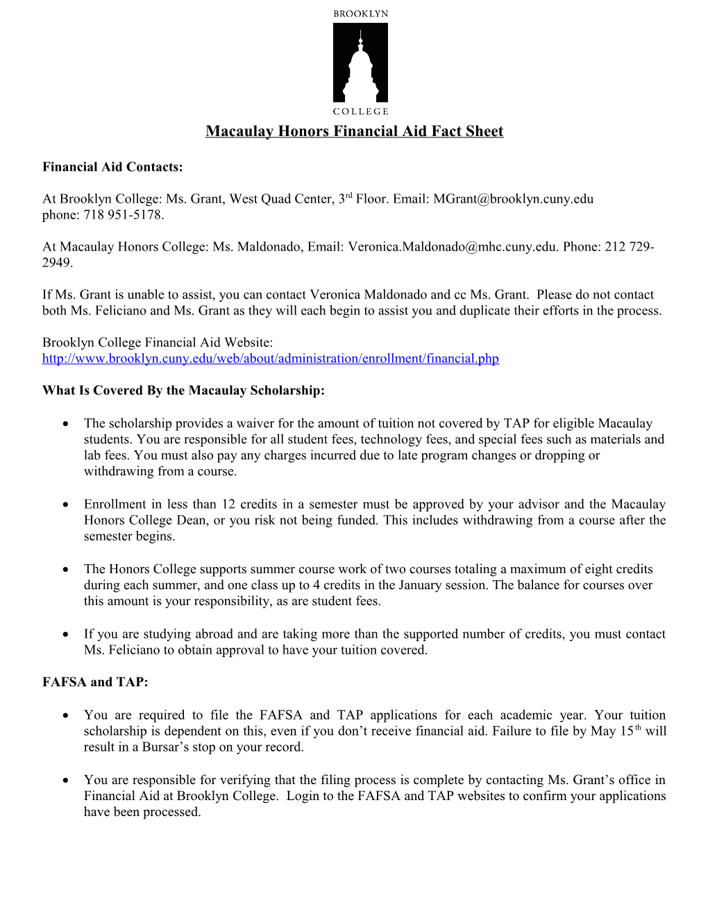 Macaulay Honors Financial Aid Fact Sheet