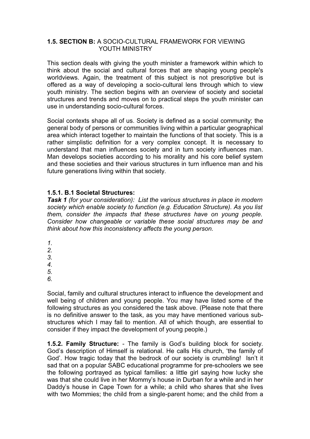 1.5. Section B: a Socio-Cultural Framework for Viewing Youth Ministry